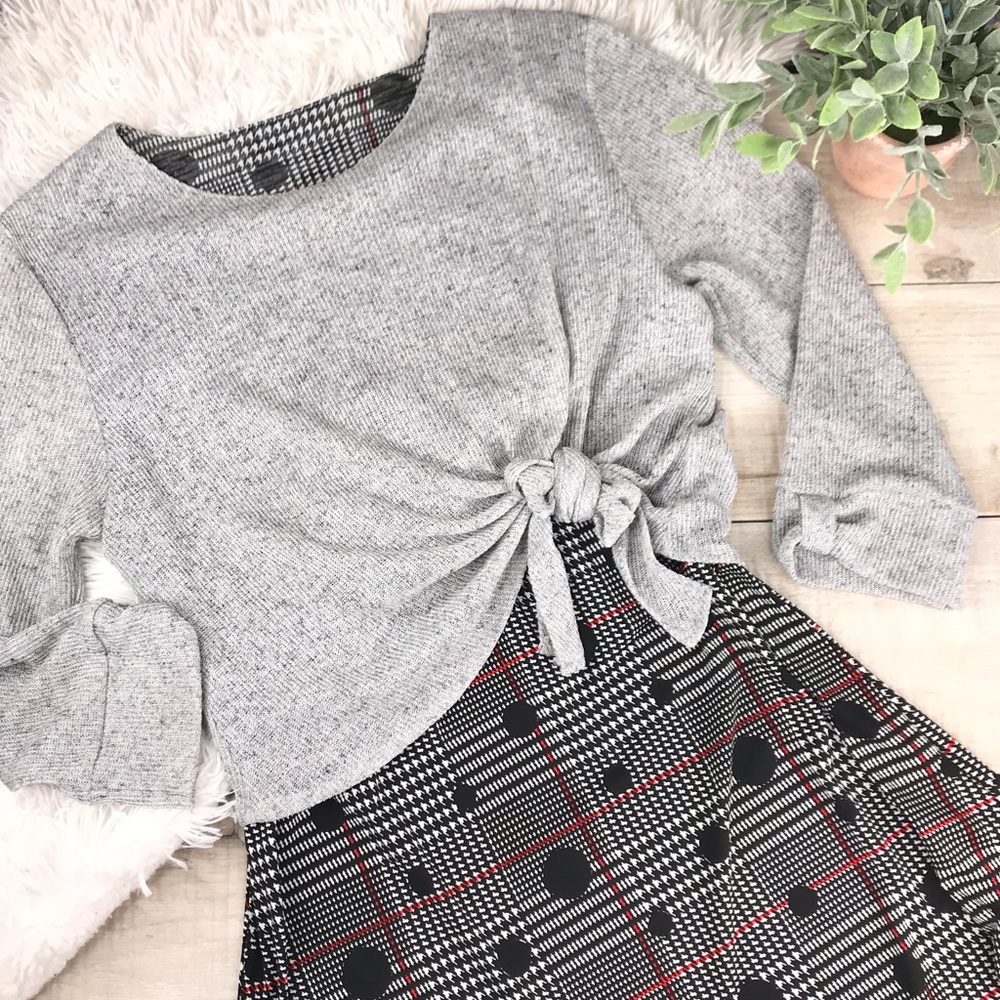 Light Gray Overlay Top Over Checkered Sheer Blouse